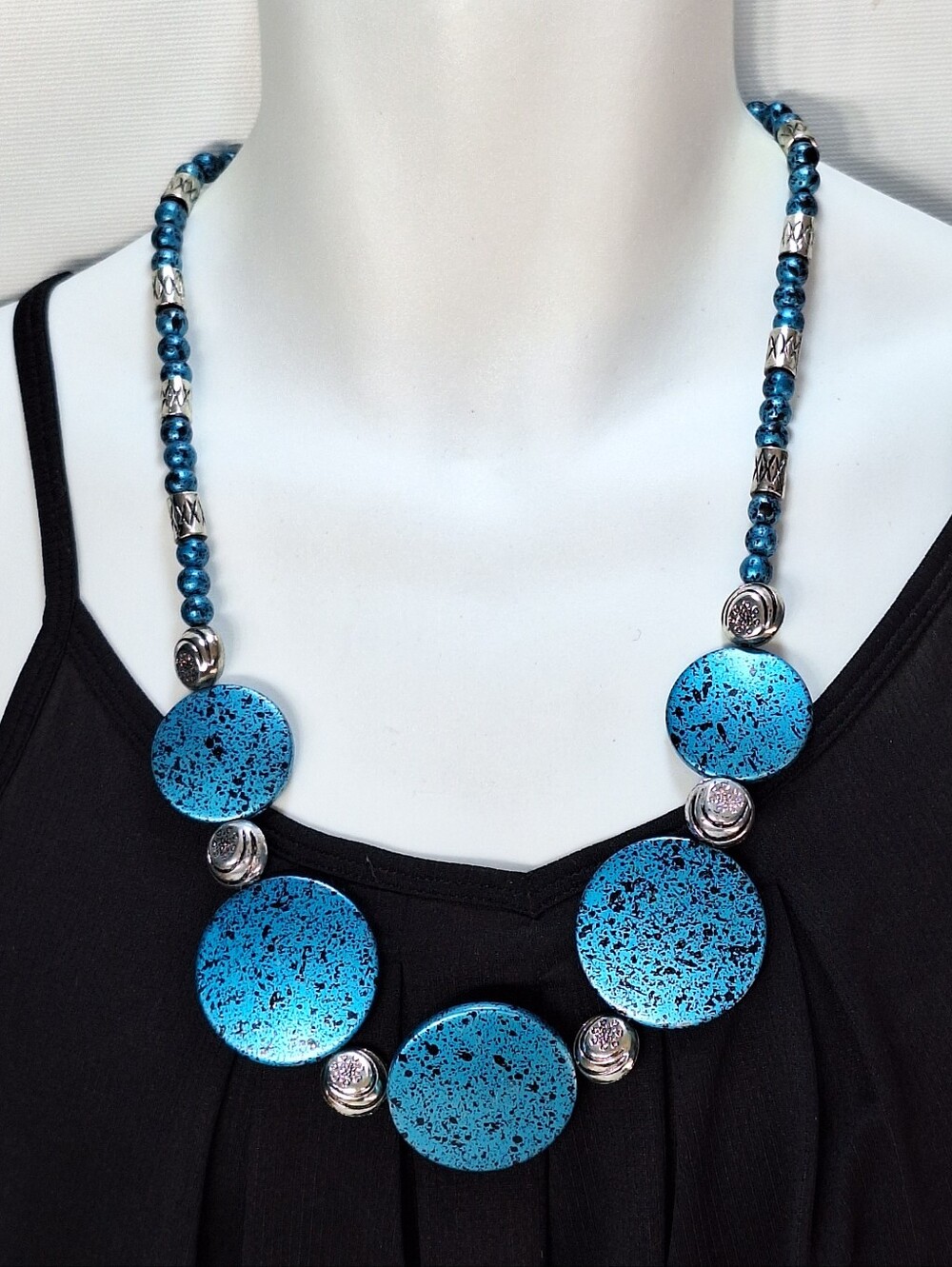 Chunky Blue Speckled Disc & Silver Accent Statement Bib Necklace